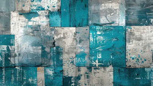 Wallpaper of fragmented silver and teal shapes enhanced by rough textures and soft diffused background light photo