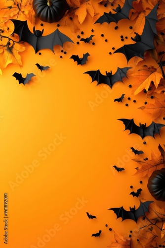 A Halloween themed background with bats and leaves