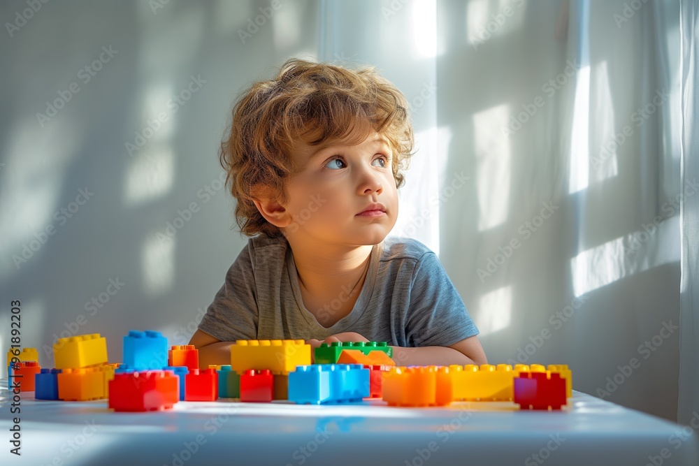 Child playing with colorful building blocks in a sunlit room, ideal for educational and parenting content Child playing with colorful building blocks in a sunlit room, ideal for educational and parenting content