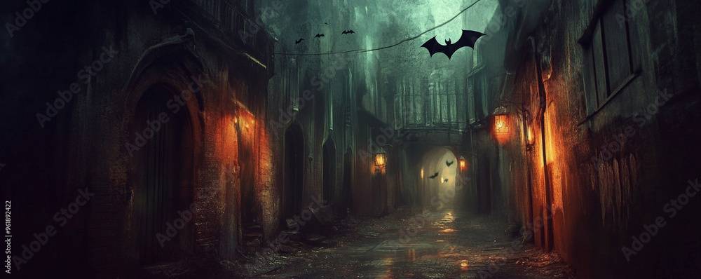 A creepy, dark alley with flickering lights, bats flying overhead, and ghostly figures lurking in the shadows. A creepy, dark alley with flickering lights, bats flying overhead, and ghostly figures lurking in the shadows.