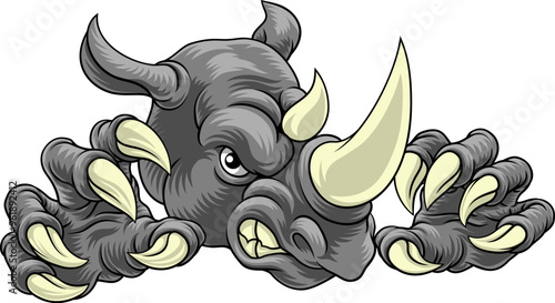 A rhino or rhinoceros mean, angry cartoon animal sports mascot