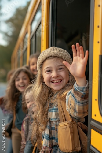 Children smiling and waving from a school bus, showcasing a joyful and adventurous spirit suitable for educational and backtoschool promotions