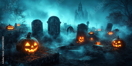 A haunted graveyard scene with glowing jack-o'-lanterns, tombstones, and fog swirling across the ground.