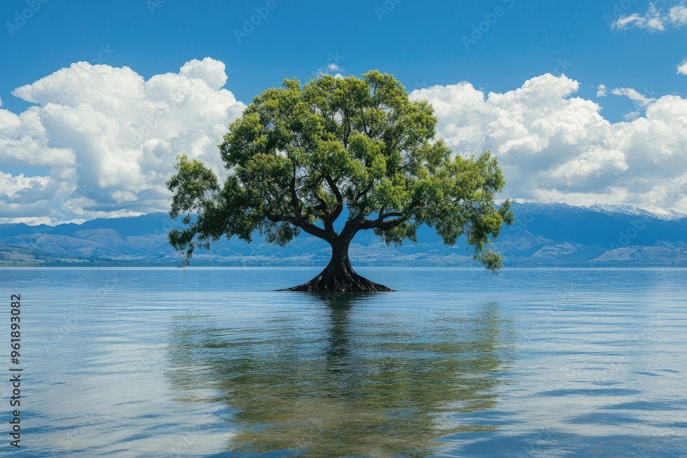 Stunning Lake Tree Reflection with Mountain View Stunning Lake Tree Reflection with Mountain View