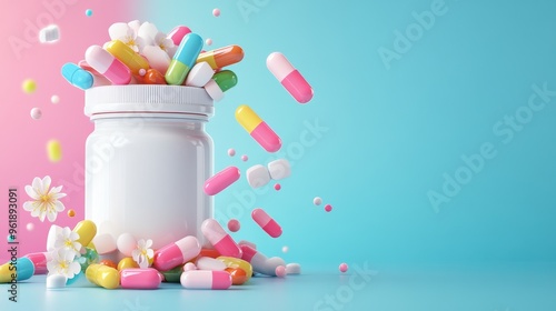 Colorful Pills Spilling From White Bottle on Blue Background photo