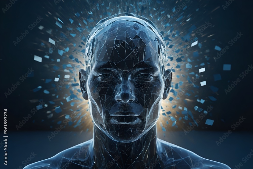 A striking portrayal of a human figure with a fragmented head, radiating energy and creativity, symbolizing the fusion of humanity and technology.