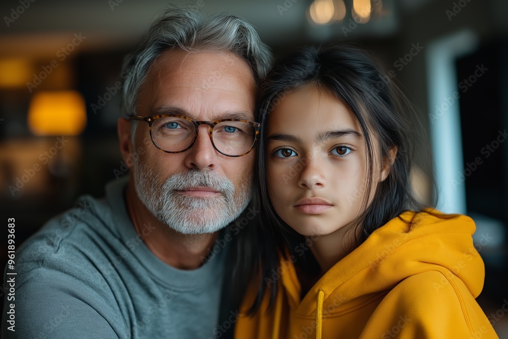 Father and daughter portrait for family bonding and generational connection in living room setting Father and daughter portrait for family bonding and generational connection in living room setting