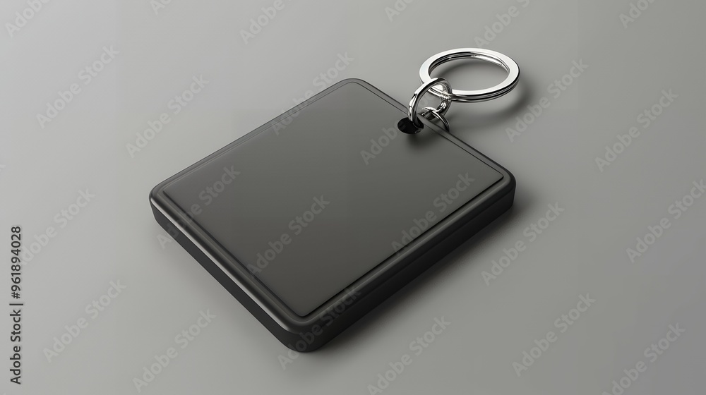 Modern Minimalism Black Blank Square Keychain Mockup on a Sleek Gray Background Modern Minimalism Black Blank Square Keychain Mockup on a Sleek Gray Background