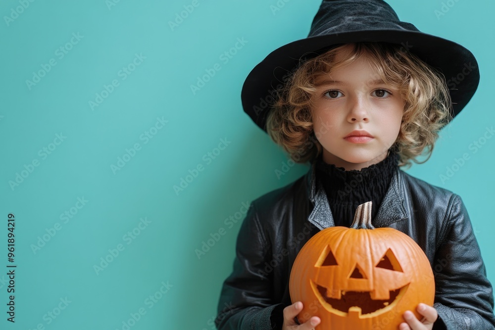 A young girl is holding a pumpkin and wearing a black hat