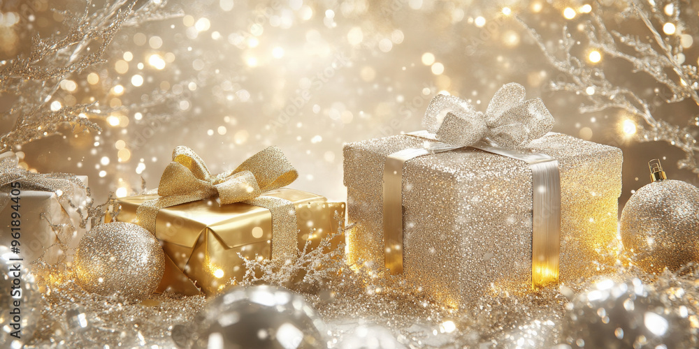 A luxurious gold and silver holiday scene, with shimmering presents, sparkling ribbons, and delicate fairy lights. A luxurious gold and silver holiday scene, with shimmering presents, sparkling ribbons, and delicate fairy lights.