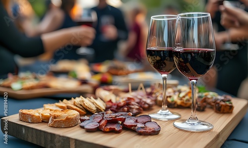 Two Glasses of Red Wine with Appetizers on a Wooden Board for a Summer Gathering