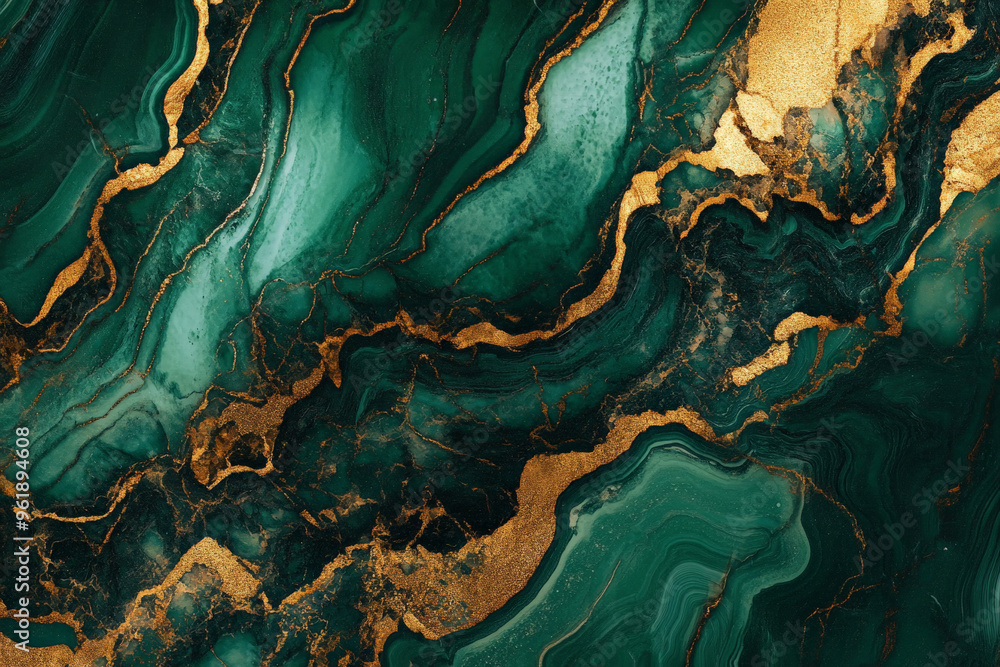 A bold emerald green marble design with intricate gold veins cutting through the swirling green texture.