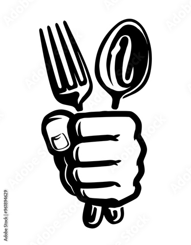 Fork and spoon in hand symbol. Food service emblem for restaurant or snack bar menu