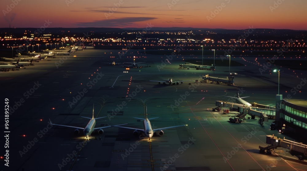 Fototapeta premium An aerial view of an expansive airport at dusk, with planes parked and the city lights twinkling in the background, capturing a serene yet bustling atmosphere.