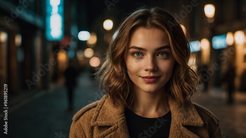 close up of beautiful smiling girl with curly dark hair On a City Street at night