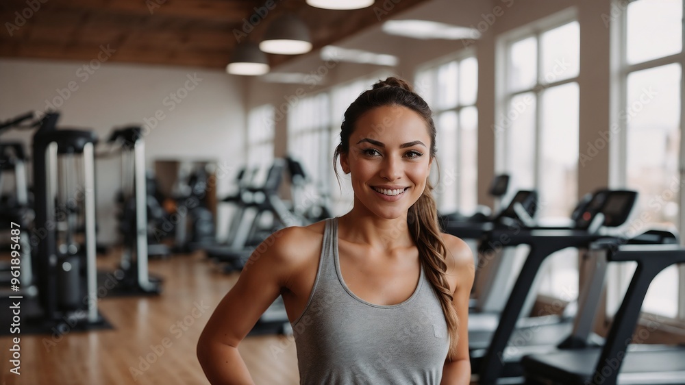 Fototapeta premium medium shot of beautiful smiling girl in gym in light neutral tones