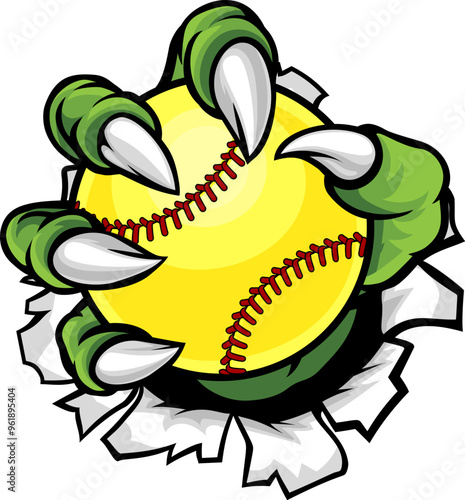 A claw monster talons hand holding a softball ball