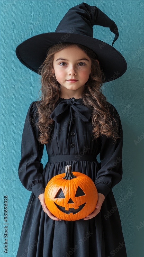 A young girl is wearing a black dress and holding a pumpkin A young girl is wearing a black dress and holding a pumpkin