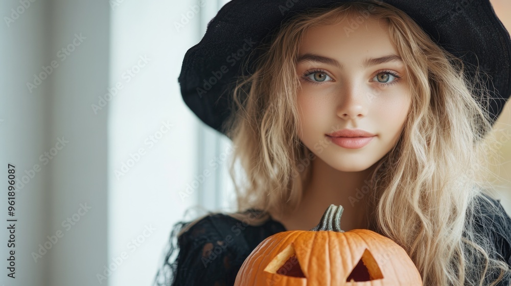 A young woman wearing a black hat and a black dress holding a pumpkin A young woman wearing a black hat and a black dress holding a pumpkin