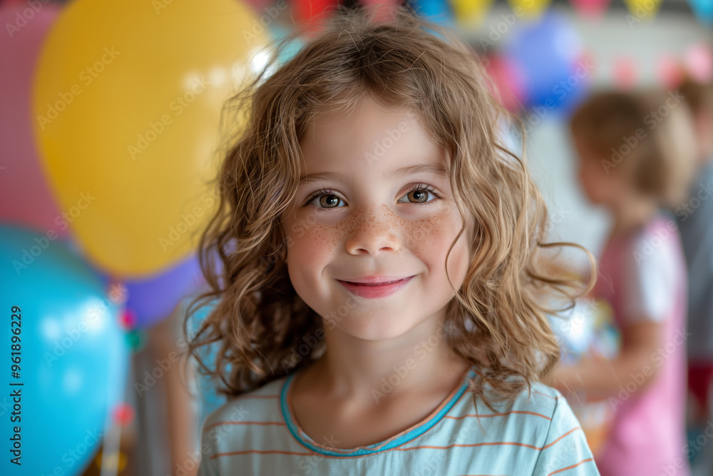 Smiling curlyhaired girl at birthday party. A cheerful young child enjoying a festive celebration surrounded by colorful balloons. Ideal for familyfocused marketing and editorial content. Smiling curlyhaired girl at birthday party. A cheerful young child enjoying a festive celebration surrounded by colorful balloons. Ideal for familyfocused marketing and editorial content.
