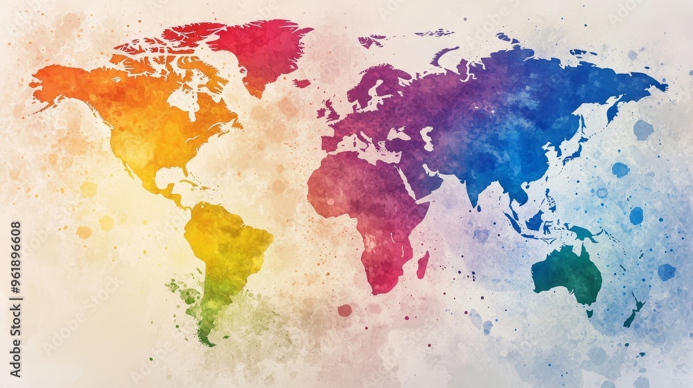 Fototapeta premium Colorful watercolor world map illustrating continents with vibrant shades, ideal for travel, education, and global themes.