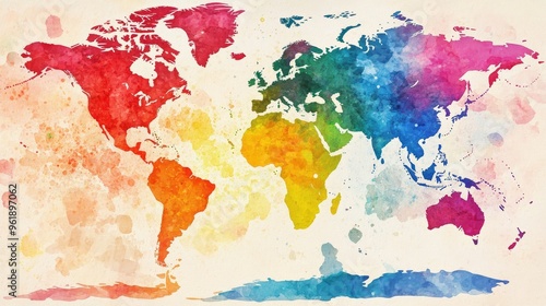 A colorful watercolor map of the world illustrating continents in vibrant hues and soft textures, perfect for educational or decorative use.