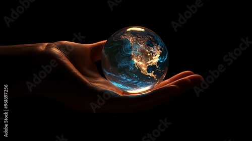 A glowing globe cradled in a hand, symbolizing care for the planet and global unity against a dark backdrop.