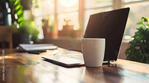 Wallpaper Mural A laptop computer and a cup of coffee on a wooden desk. Torontodigital.ca