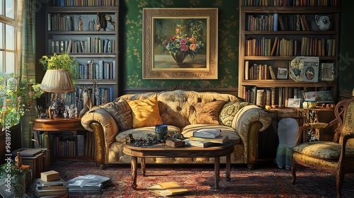 A Cozy Living Room with a Sofa, Bookshelves, and a Window View