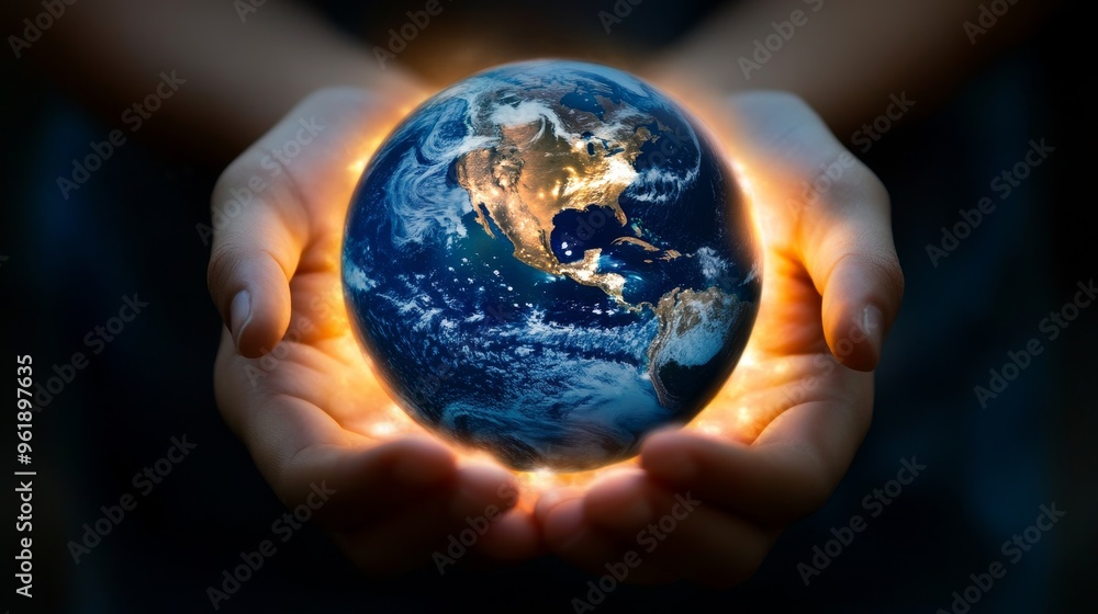 A pair of hands gently cradles a glowing globe, symbolizing care for the planet and environmental responsibility. A pair of hands gently cradles a glowing globe, symbolizing care for the planet and environmental responsibility.