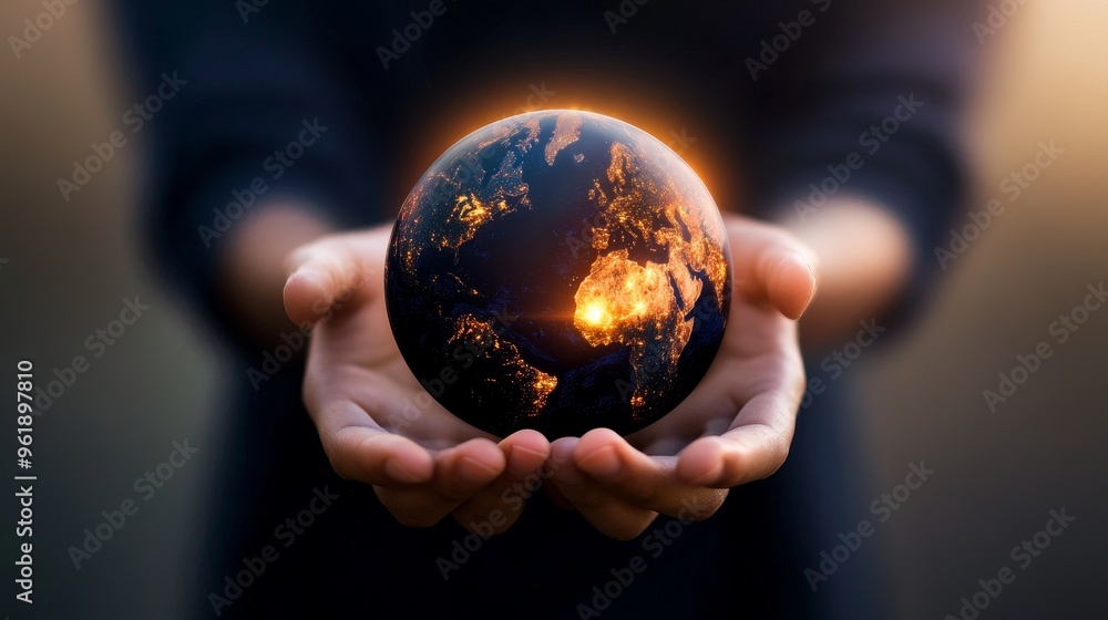 A person holds a glowing Earth in their hands, symbolizing care for the planet and global unity, with a beautiful warm light aura. A person holds a glowing Earth in their hands, symbolizing care for the planet and global unity, with a beautiful warm light aura.