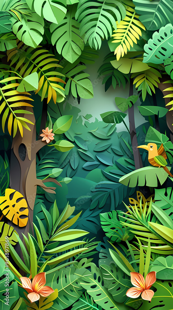 Naklejka premium Tropical rainforest with trees and moss in paper cute style