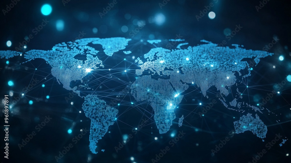 Fototapeta premium A stunning digital illustration of a world map illuminated with blue lights, representing global connectivity and technology.