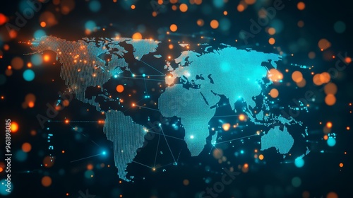 A vibrant digital world map, illuminated by glowing connections and data points, representing global networks and technology.