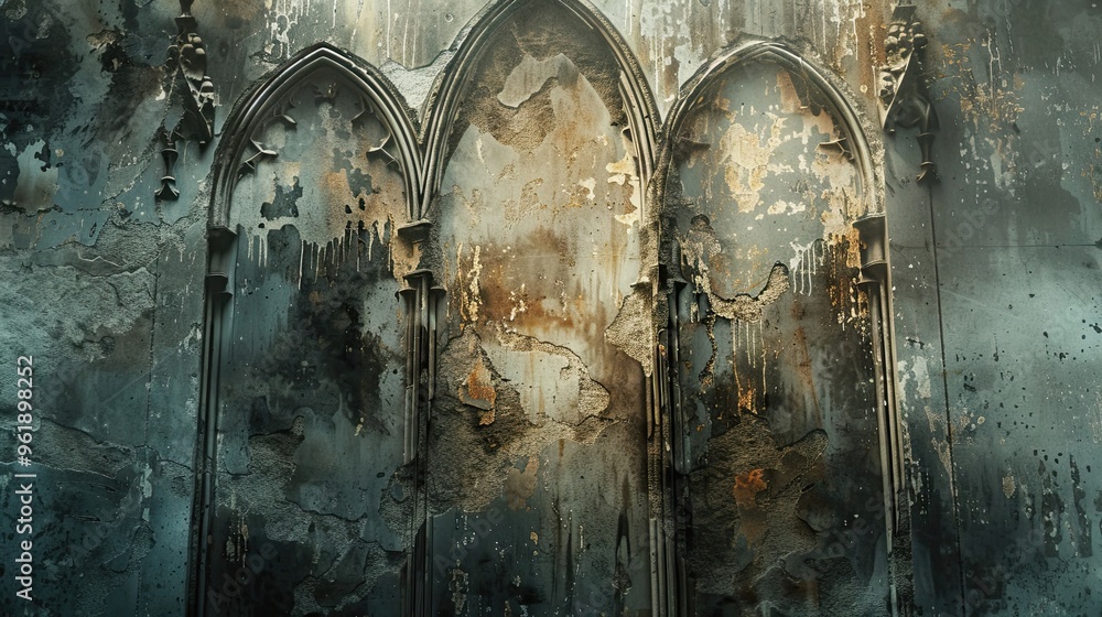 Naklejka premium Cracked plaster gothic wallpaper with glowing golden murals