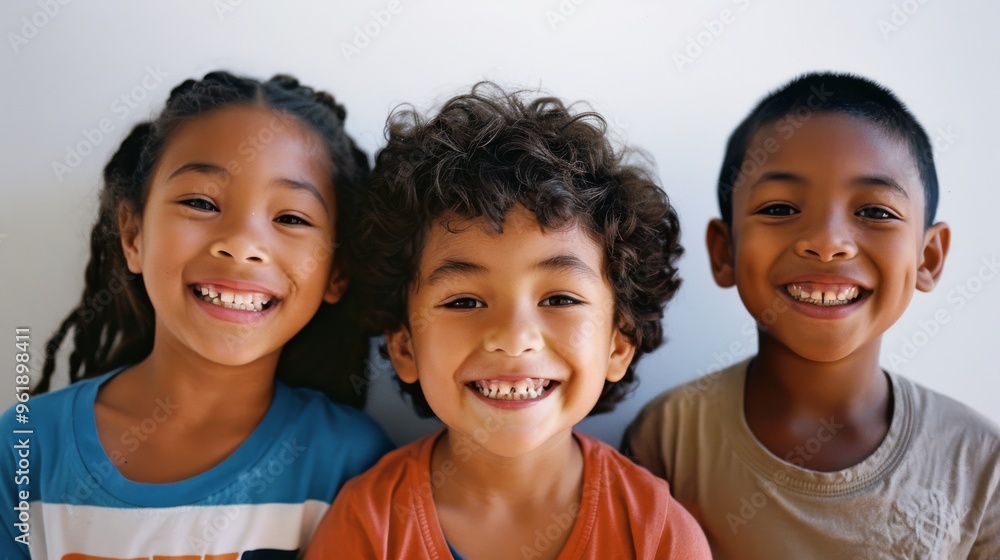 Three children beaming in bright attire against a plain background, epitomizing sheer happiness and camaraderie. Three children beaming in bright attire against a plain background, epitomizing sheer happiness and camaraderie.