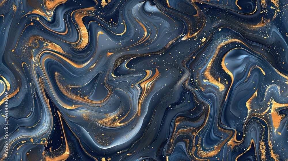 Swirling indigo and gold wallpaper with intricate shapes and gradients Swirling indigo and gold wallpaper with intricate shapes and gradients