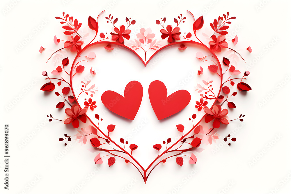Elegant paper cut heart design with floral accents in red for Valentine's Day cards, wedding invitations, or romantic themed designs. Romantic heart-shaped floral composition in red tones isolated Elegant paper cut heart design with floral accents in red for Valentine's Day cards, wedding invitations, or romantic themed designs. Romantic heart-shaped floral composition in red tones isolated
