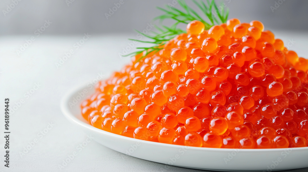 A large pile of red caviar on a white plate, garnished with a sprig of dill A large pile of red caviar on a white plate, garnished with a sprig of dill