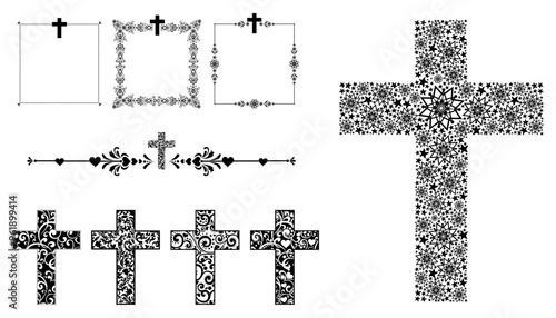 Cross icons set. Obituary notice - art deco frames with cross. Collection of Christian Symbol design elements isolated on White background. Set of blue and white vintage decorative Christian crosses.