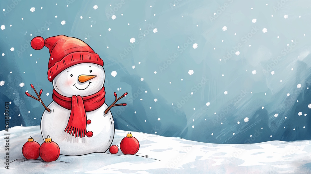 A cheerful snowman wearing a red hat and scarf standing in the snow with Christmas ornaments around, with snowflakes falling from the sky. Concept of winter holidays, Christmas season, festive decorat A cheerful snowman wearing a red hat and scarf standing in the snow with Christmas ornaments around, with snowflakes falling from the sky. Concept of winter holidays, Christmas season, festive decorat