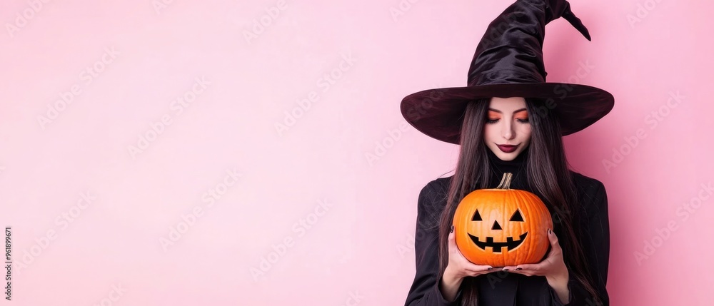 A woman in a witch hat holding a pumpkin A woman in a witch hat holding a pumpkin