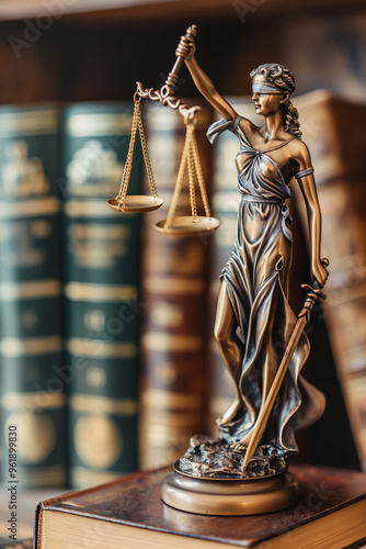 Themis statue with scales and sword. Creative copy space background for Law Firm, Court of Justice and lawyer, attorney or judge business related websites. Interior of Law firm.