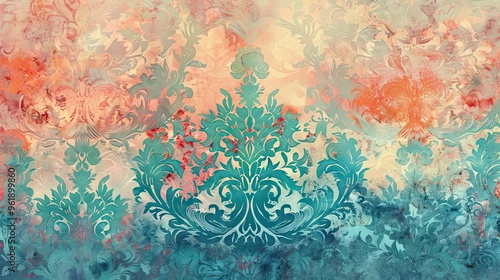 Mannerism background with arabesque patterns in teal and coral shimmering highlights