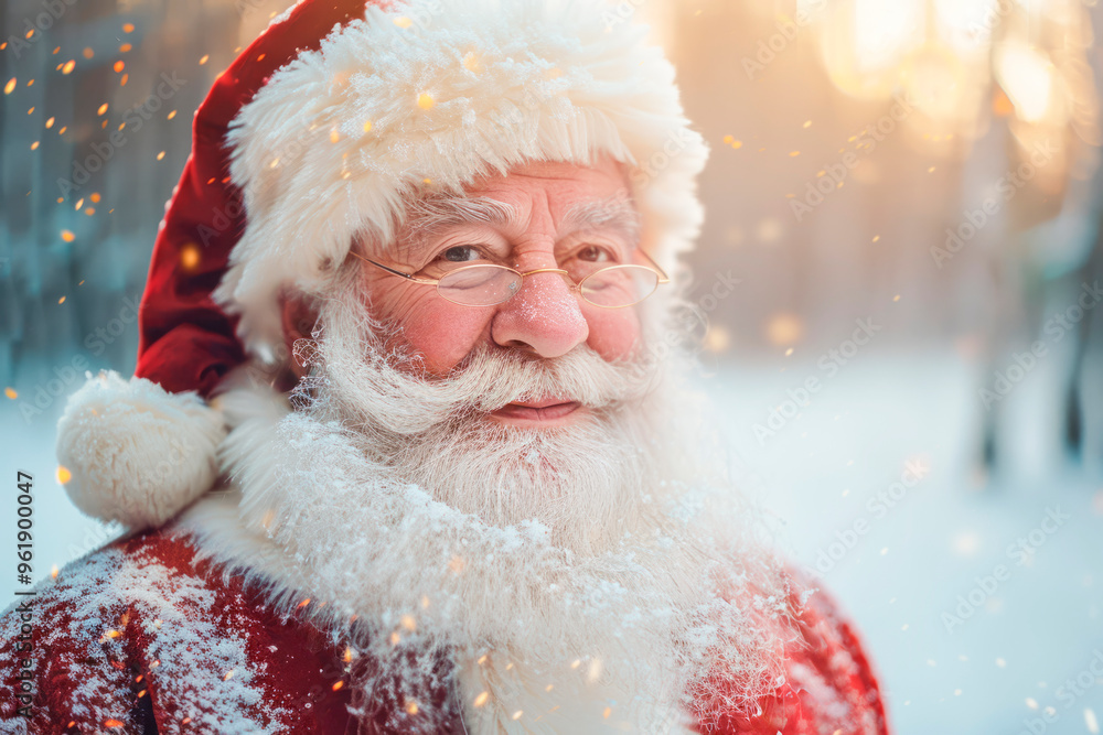 Portrait of old Santa Claus looking at camera against snowy forest background, copy space Portrait of old Santa Claus looking at camera against snowy forest background, copy space