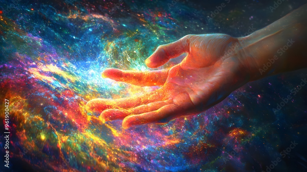 Fototapeta premium Hand Touching the Edge of the Universe: A hand reaching out to touch the shimmering boundary of the universe, with vibrant colors and patterns. 