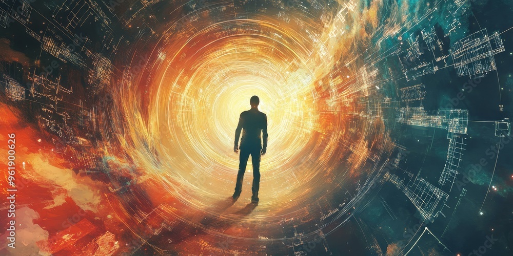 A lone figure stands at the edge of a glowing A lone figure stands at the edge of a glowing