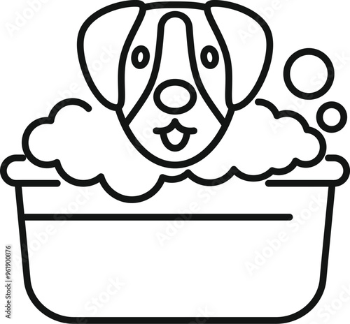 Cute dog is taking a bubble bath in a basin, enjoying being pampered and clean