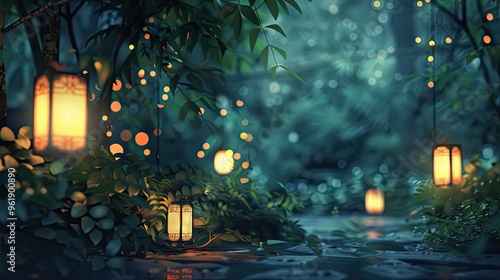 Lofi wallpaper featuring a moonlit garden with glowing lanterns and shadowy plants