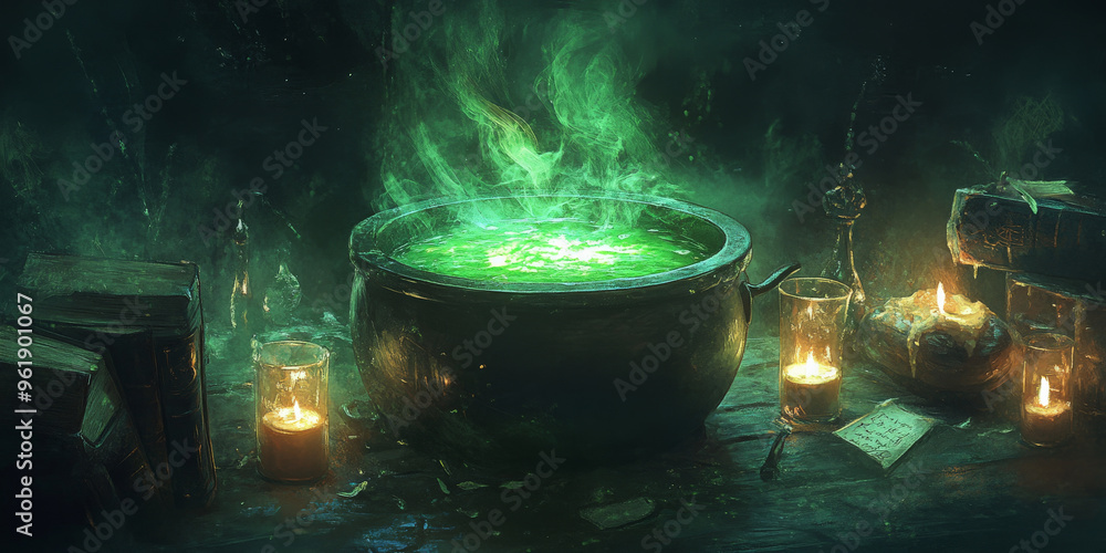 A witch's cauldron bubbling with a green, glowing potion, surrounded by candles and spell books on a dark, foggy night. A witch's cauldron bubbling with a green, glowing potion, surrounded by candles and spell books on a dark, foggy night.